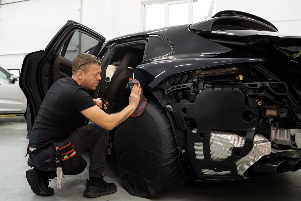 Technician buffing the body panel of a black SUV